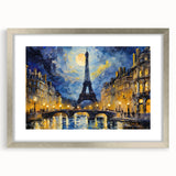 Extra large abstract art print of Paris scenery in textured style, featuring silver frame with mat.