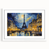 Textured art print of abstract Paris scenery in muted earth tones on a framed white mat, suitable for bedroom decor.