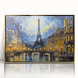 Art deco poster of Paris scenery with gold frame, acrylic print, in muted earth tones, ideal for modern art wall decor.