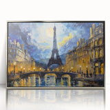 Large art print of a mid-century modernist Paris skyline in muted gray and blue tones on a framed acrylic.