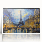 Mid-century modernist art of Paris skyline in muted blues and grays on a framed acrylic, suitable for nursery wall art.