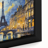 Extra large framed canvas depicting a textured, colorful Paris street scene in black, ideal for living room decor.