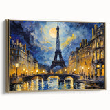Framed canvas featuring a vintage-style landscape painting of Paris, with muted gold and black tones.