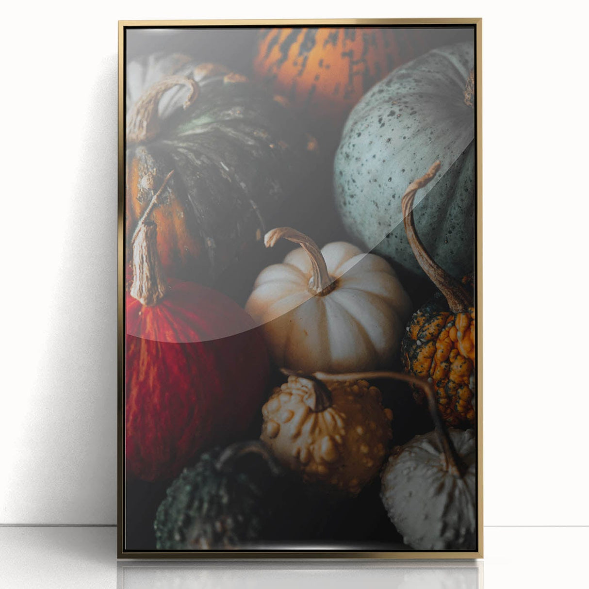 Mid-century modernist acrylic print of an abstract fall scene in gold and brown tones, ideal for modern art wall decor.