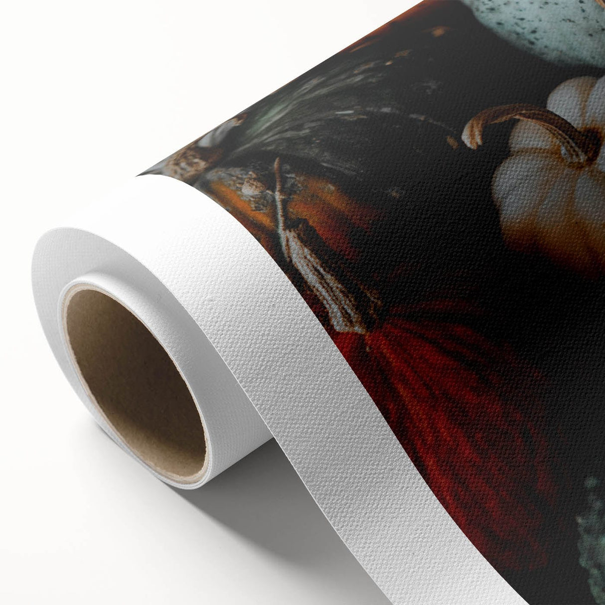 Art deco poster depicting a serene autumn landscape in warm orange and brown tones, printed on rolled canvas.