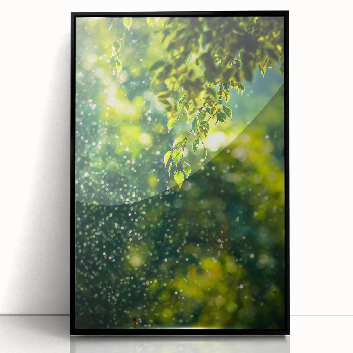 Large abstract wall art featuring spring-inspired shapes in pastel shades on a black framed acrylic print.