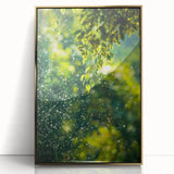 Large art print of a mid-century modernist spring scene in pastel shades, framed in gold acrylic, ideal for nursery wall art.
