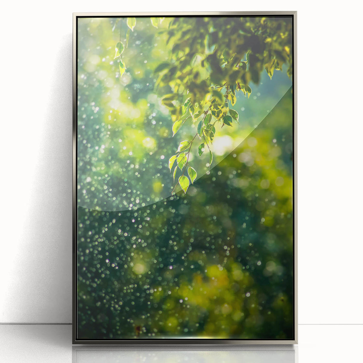 Mid-century modernist art depicting spring season in pastel shades, framed in silver acrylic, suitable for nursery wall art.