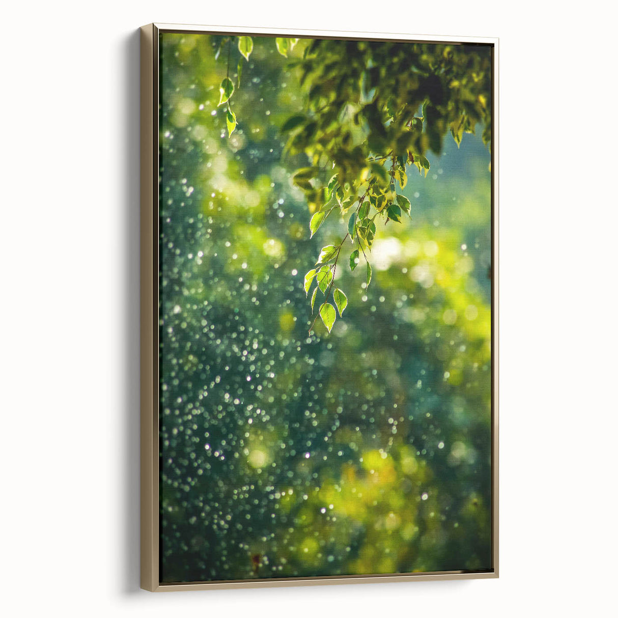 Framed canvas depicting a vintage-style landscape with spring theme in gold and black tones, ideal for bedroom wall decor.