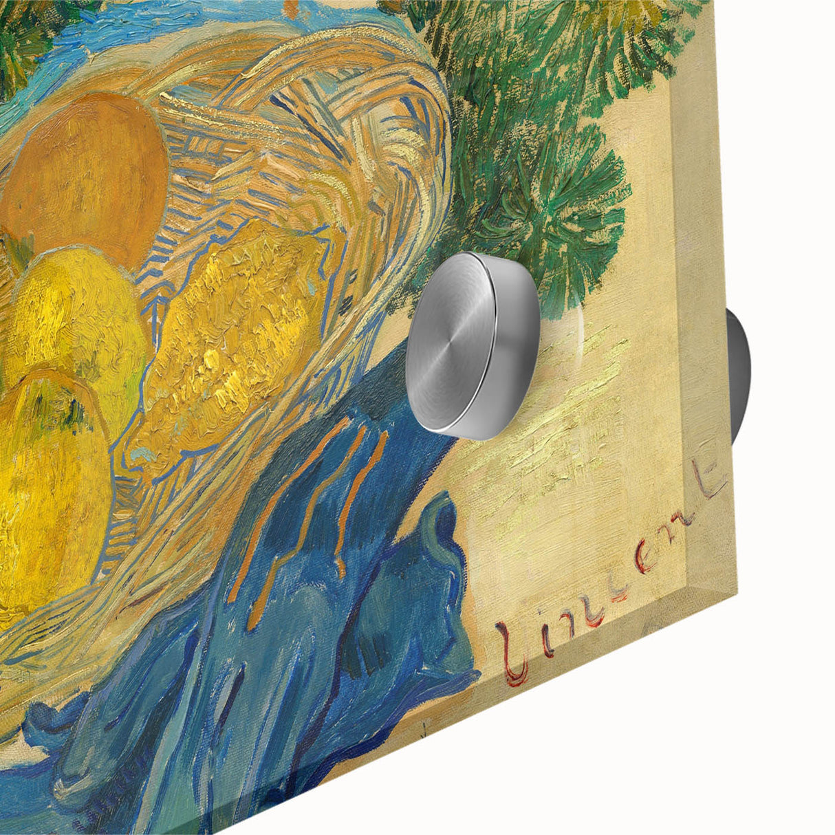 Large abstract wall art print on acrylic, featuring swirling blue and yellow tones in a mid-century modernist style.