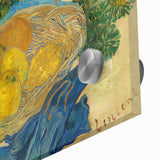 Large abstract wall art print on acrylic, featuring swirling blue and yellow tones in a mid-century modernist style.