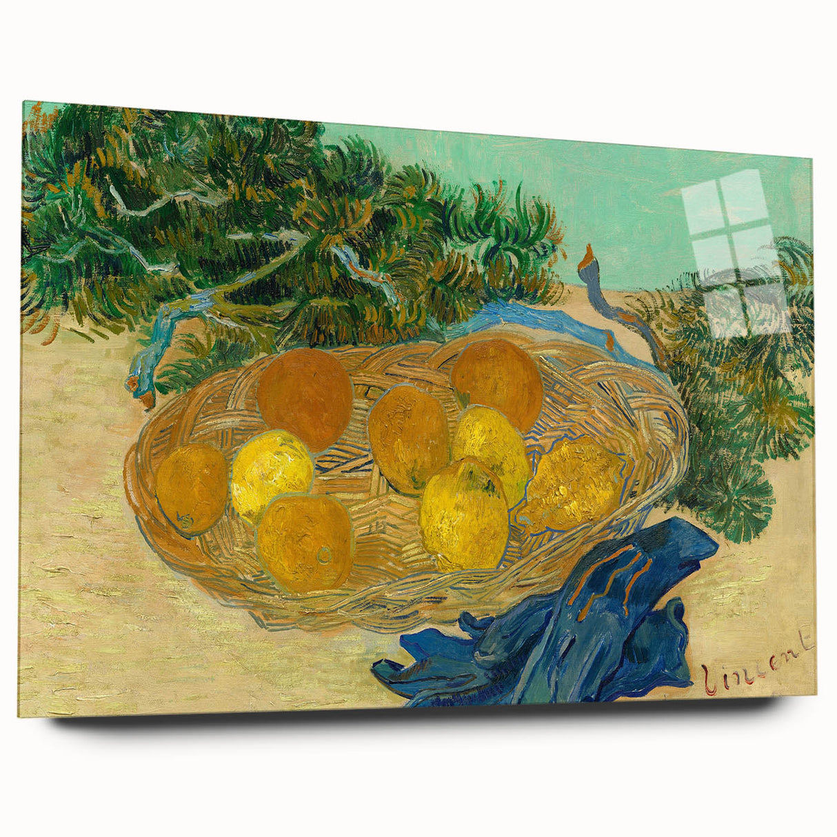 Large abstract acrylic print with swirls in blue and yellow tones, suitable for bedroom or dining room decor.