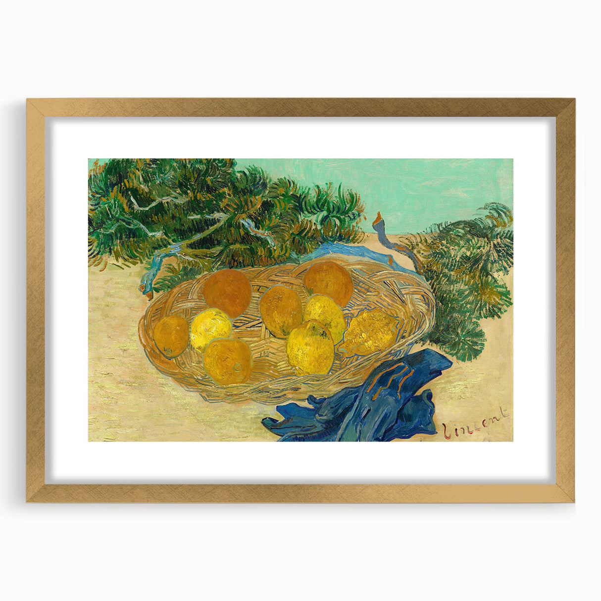 Abstract art print featuring swirling blue and yellow patterns, framed in gold, suitable for bedroom or dining room decor.