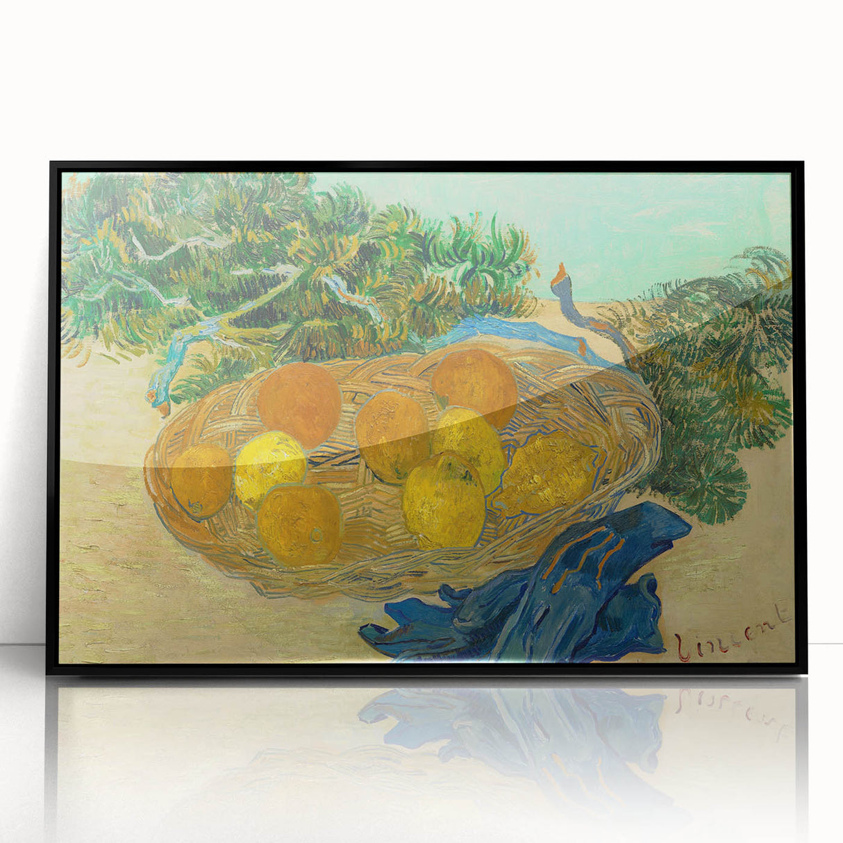 Large abstract wall art depicting a swirling pattern in blue and yellow on a black acrylic frame.