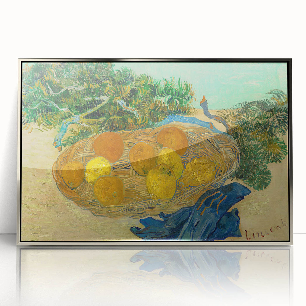 Large art print of a Van Gogh-inspired scene in muted colors on a silver-framed acrylic, ideal for modern art wall decor.