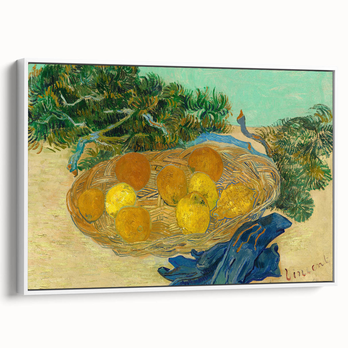 Extra large framed canvas of vintage poster art depicting Van Gogh's colorful style, ideal for living room decor.