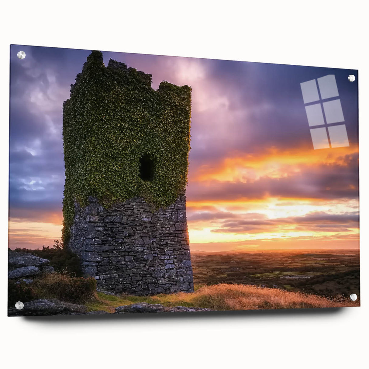 Acrylic landscape artwork depicting a majestic castle surrounded by vibrant greenery, displayed from a side view with decorative pins for mounting.