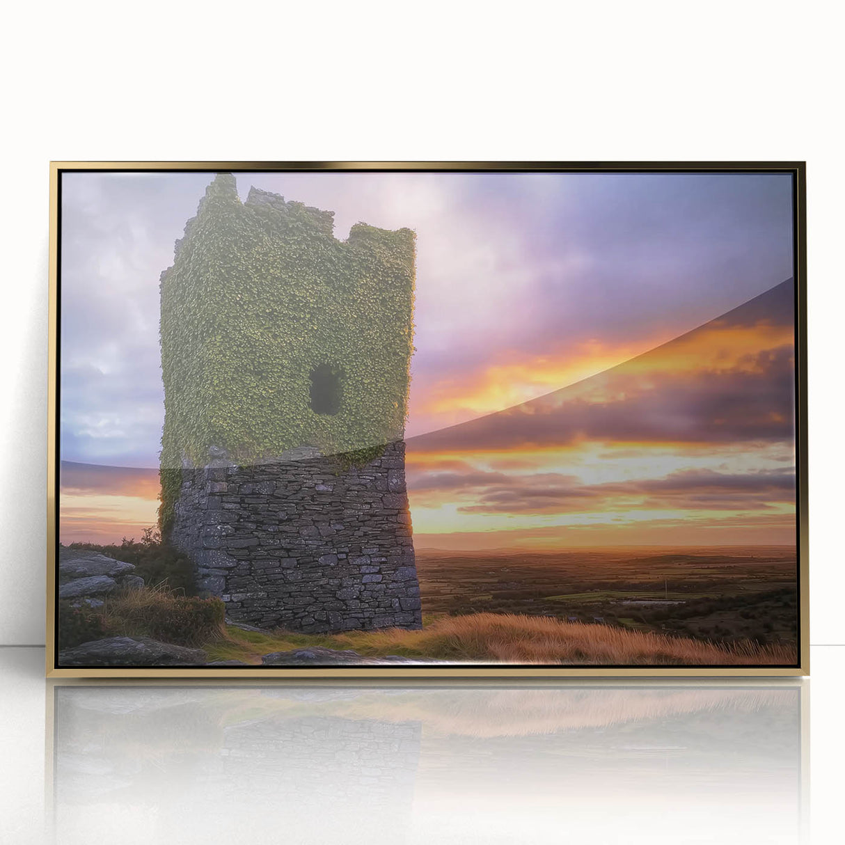 Framed acrylic artwork showcasing a stunning landscape with a majestic castle, set against a vibrant sky, features an elegant gold border, perfect for home decor.