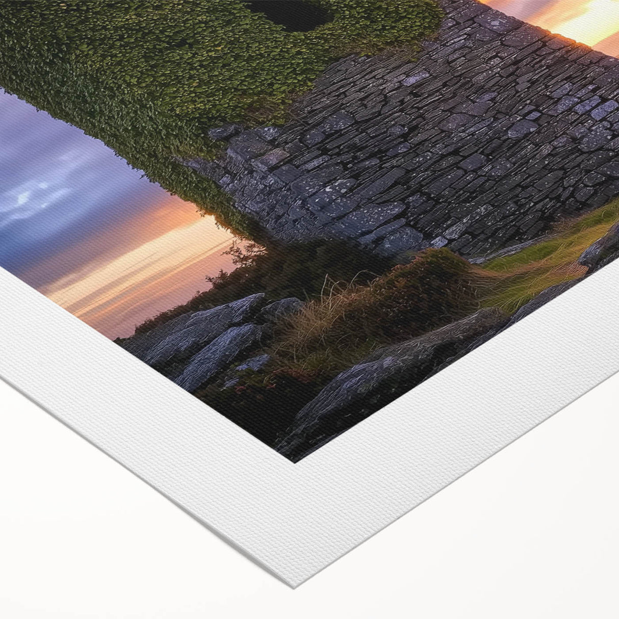 Landscape artwork of a majestic castle surrounded by lush greenery, printed on rolled canvas, showcasing vibrant colors and intricate details, ideal for home decor.