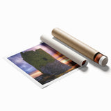 Stunning rolled print of a scenic landscape featuring a medieval castle surrounded by lush greenery and vibrant skies, ideal for home decor enthusiasts.