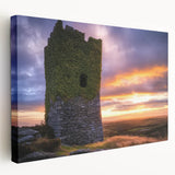 Stretched canvas artwork depicting a scenic landscape with a majestic castle surrounded by lush greenery, ideal for home decor and art enthusiasts.