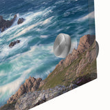 Close-up of a vibrant acrylic landscape artwork showcasing dramatic cliffs, rich colors, and intricate textures, designed for modern home decor.