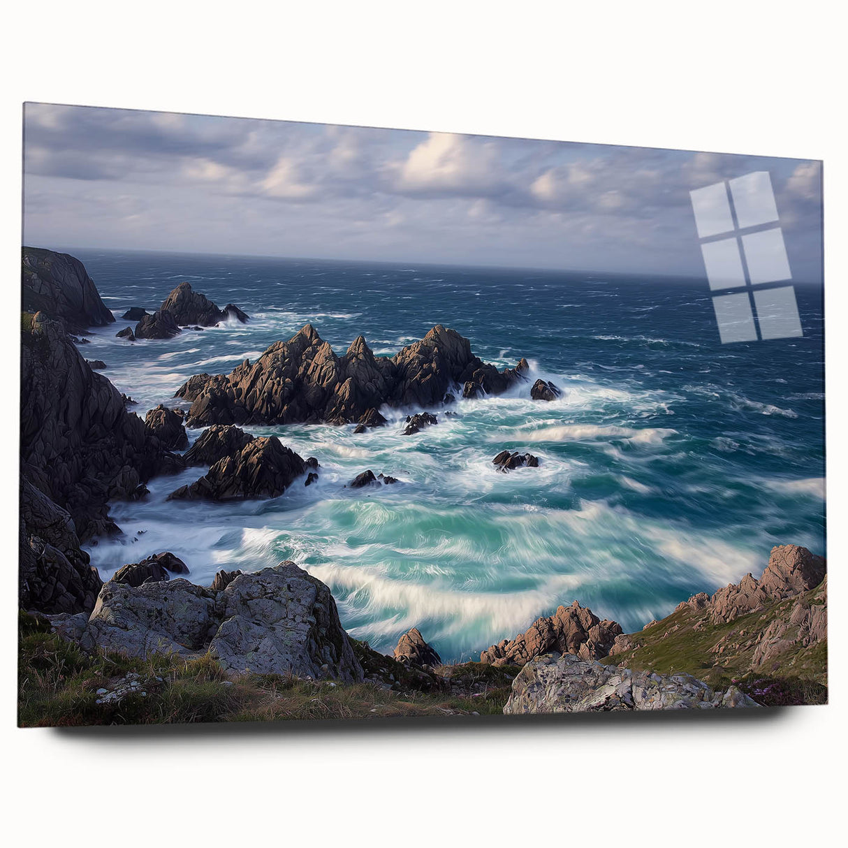 Acrylic wall art depicting a stunning cliff landscape in vibrant colors, showcasing intricate details and textures, perfect for modern home decor. This side view emphasizes the artwork's depth and elegance, making it a striking focal point in any room.