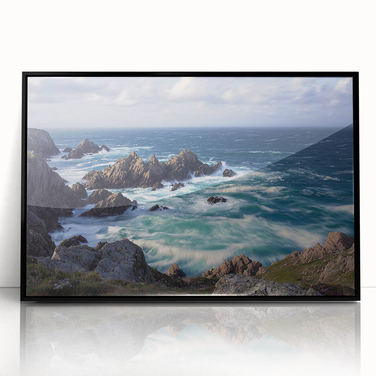 Framed acrylic artwork depicting dramatic cliffs against a vibrant sunset, showcasing rich colors and textures in a sleek black frame, ideal for modern decor.
