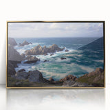 Framed acrylic artwork depicting dramatic cliffs in a natural landscape, highlighted with gold accents, ideal for modern home decor. Perfect for adding elegance to any space.