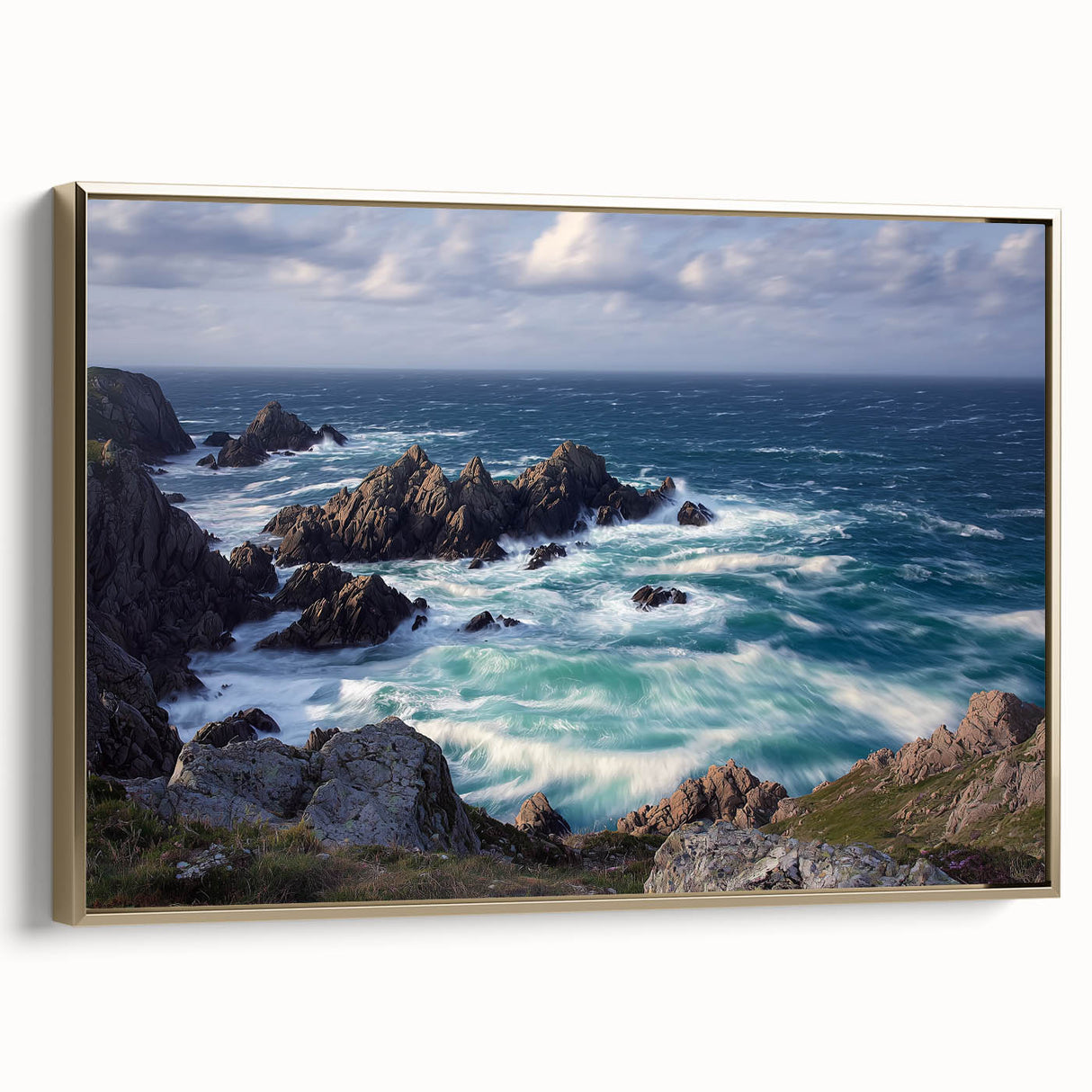 Framed canvas artwork depicting a stunning landscape of cliffs with a gold side view, showcasing vibrant colors and intricate details, perfect for home decor.