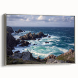 Framed canvas art depicting a stunning landscape of cliffs, showcasing vibrant colors and intricate details, with a sleek silver frame enhancing its elegance. Ideal for modern home decor.