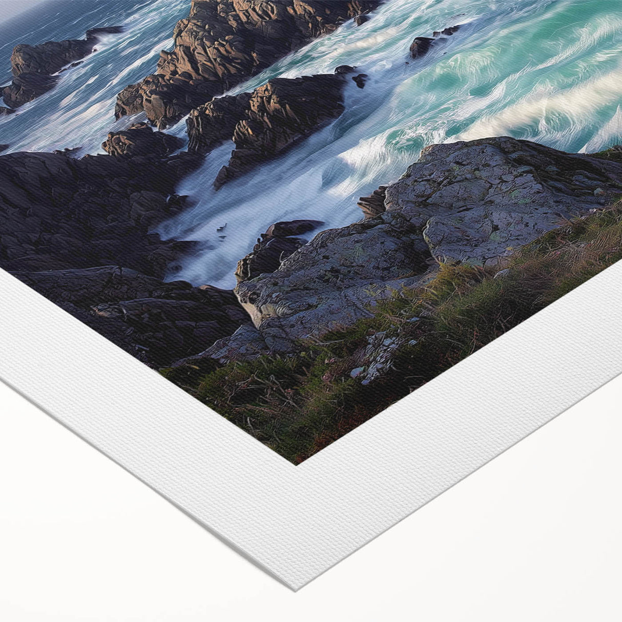 Vibrant rolled canvas print showcasing a scenic landscape of dramatic cliffs and lush greenery, ideal for home decor or nature-themed interiors, protected in a durable tube.