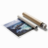Vibrant rolled print showcasing a stunning landscape of cliffs with rich colors, ideal for home decor, packaged securely in a protective cardboard tube.