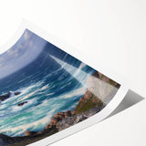 Stunning landscape print showcasing dramatic cliffs against a vibrant sky, rolled and packaged in a durable tube for safe transport, ideal for home decor enthusiasts.