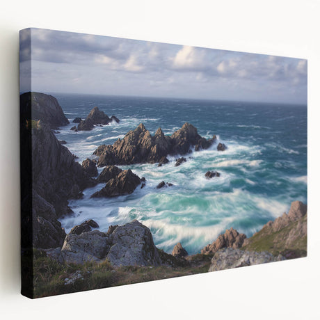 Stretched canvas artwork depicting dramatic cliffs under a vibrant sunset, showcasing rich colors and intricate textures, ideal for enhancing modern home decor.