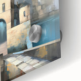 Close-up of abstract architecture wall art featuring intricate geometric patterns and vibrant colors, printed on acrylic glass, perfect for modern decor.