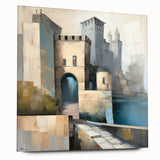 Abstract architectural wall art in a modern acrylic glass frame, showcasing geometric shapes and vibrant colors, ideal for contemporary home decor.