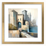 Abstract architecture wall art framed with a gold mat, showcasing geometric patterns and vibrant colors, perfect for modern home decor and artistic spaces.