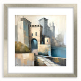 Abstract architectural wall art framed with a silver mat, showcasing geometric shapes and lines in a modern design. Perfect for contemporary home decor.