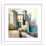 Abstract architectural wall art framed in white with a mat, showcasing geometric shapes and soft neutral tones, ideal for modern home decor.