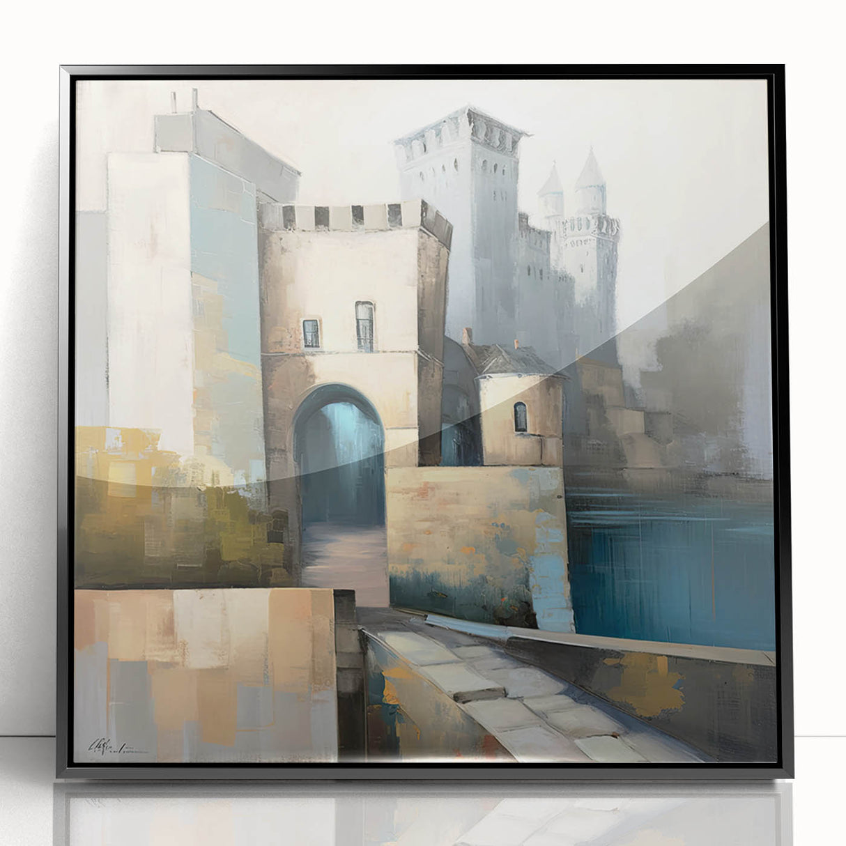 Abstract architectural wall art framed in black acrylic, showcasing geometric patterns and vibrant colors, ideal for modern home decor. Perfect for enhancing contemporary interiors with an artistic touch.