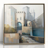 Framed abstract architecture wall art in gold acrylic, showcasing modern design elements with geometric shapes, perfect for contemporary home decor accents.