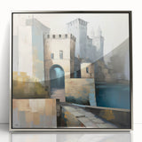 Framed abstract architecture wall art in silver acrylic, showcasing geometric shapes and modern design elements, adding a contemporary touch to interiors.