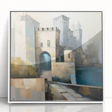 Abstract architecture wall art in a sleek white frame, showcasing geometric shapes and soft color gradients, perfect for modern home decor or office spaces.