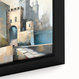 Framed abstract architecture wall art showcasing intricate geometric patterns in shades of blue and gold, adding a modern touch to home decor.