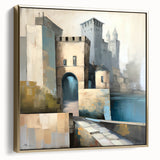 Framed abstract architecture wall art showcasing a dynamic silver and gold design, perfect for modern home decor. Ideal for enhancing contemporary interiors.