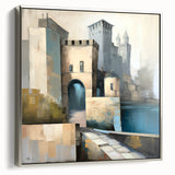 Framed canvas wall art showcasing abstract architectural design in silver tones, highlighting modern artistry with sleek lines and geometric shapes, perfect for contemporary decor.