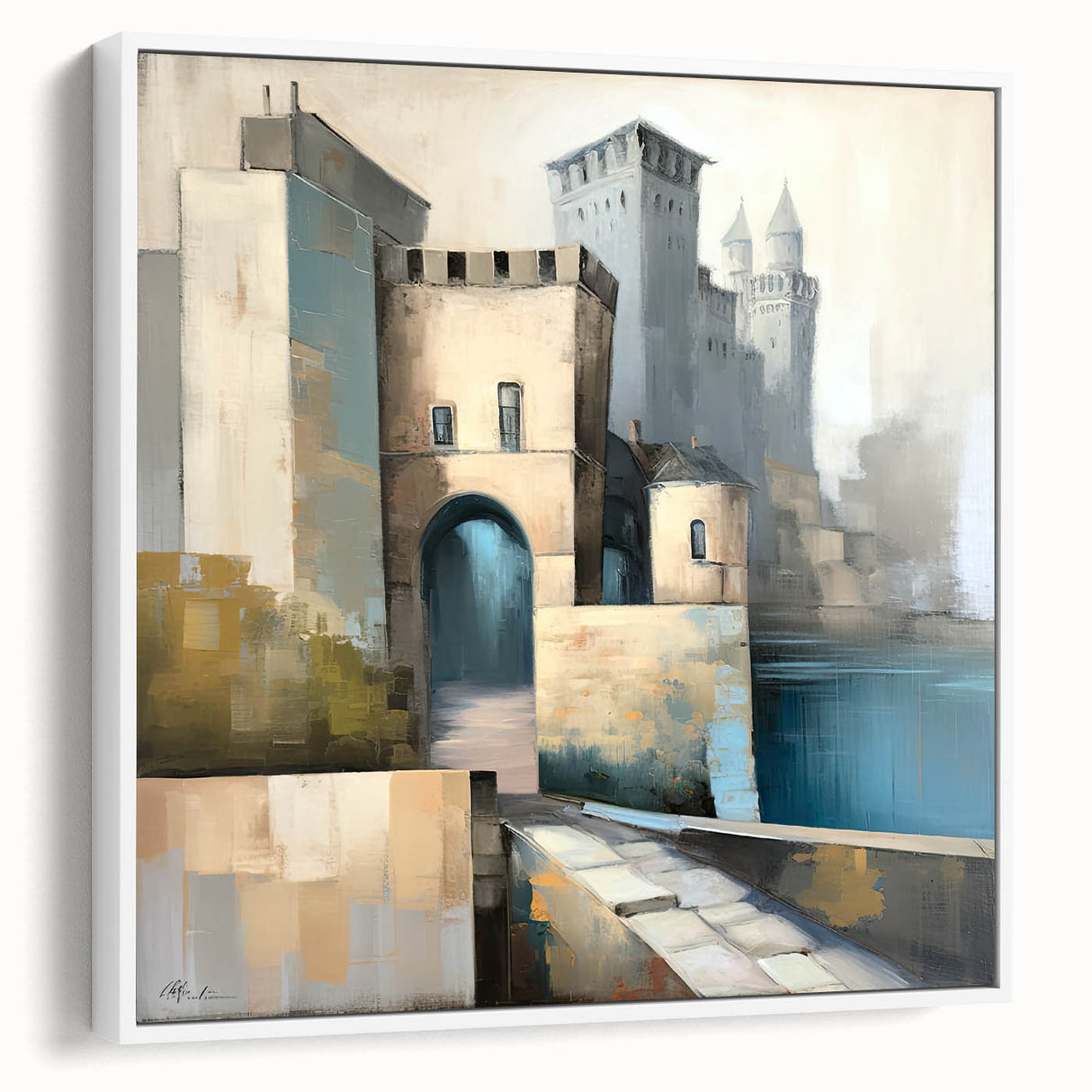 Abstract architectural wall art in a white frame, showcasing intricate geometric patterns and modern design elements, perfect for contemporary home decor.