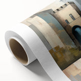 Abstract architecture wall art on rolled canvas, showcasing geometric shapes and vibrant colors, ideal for modern home decor, packaged securely in a cardboard tube.