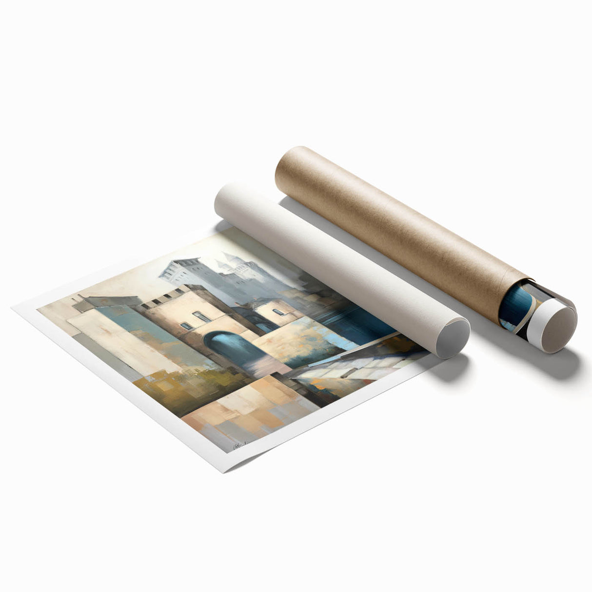 Abstract architectural wall art print showcasing geometric shapes and bold colors, rolled for easy transport in a protective cardboard tube. Perfect for modern decor.